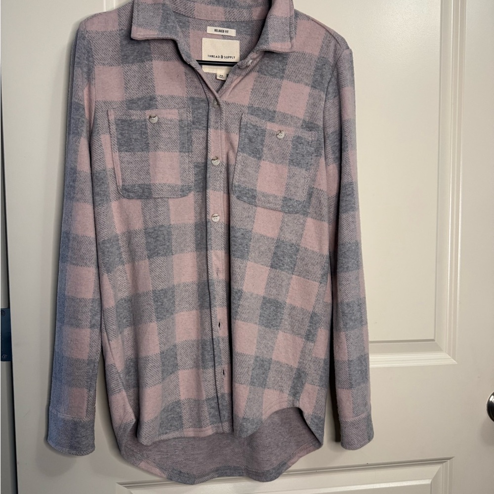 Thread & Supply Plaid Button-Up Shirt – Blush Pink & Gray – XS